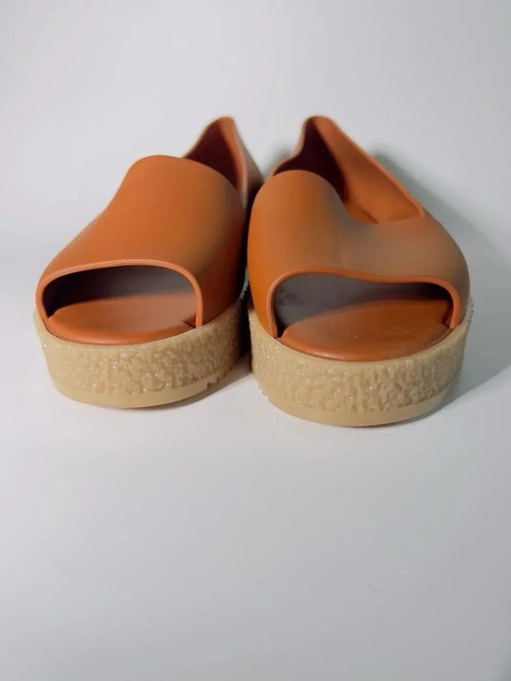 Melissa Puzzle Ad Platform Peep Toe Flats Caramel Women’s Size 8